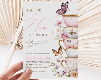 Floral Tea Party Bridal Shower Invitation: Elegant Teacups (Canva Template)