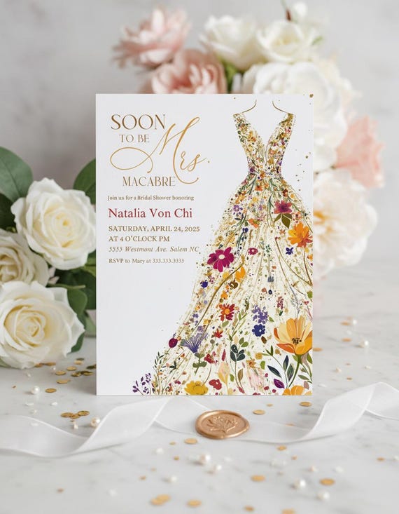 Boho Bridal Shower Invitation: Wildflower Dress, Spring Theme (canva Template)