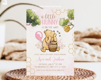 Convite para chá de bebê do Ursinho Pooh: Tema para meninas (Modelo digital)