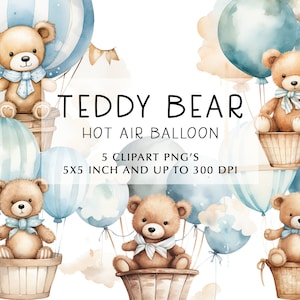 Teddy bear Hot air balloon watercolor clipart, Teddy bear theme baby shower clipart set, high resolution png teddy bear 5 pngs set-tb38