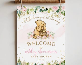 Winnie The Pooh pink Sign, Winnie The Pooh Baby Shower, Winnie The Pooh Welcome sign for a girl, Winnie baby shower floral pink-wi22
