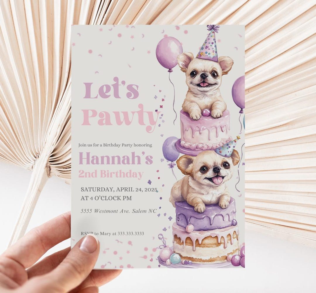 Pink Girl Dog Birthday Invitation, Puppy Party Invite, Lets Pawty ...