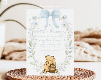 Winnie the Pooh Baby Shower Invitation: Blue Bow, Floral Wreath (Digital Template)