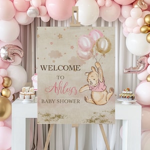 Segno modificabile di Winnie The Pooh, Winnie The Pooh Baby Shower, Winnie The Pooh Segno di benvenuto per una ragazza, Winnie baby shower-114g
