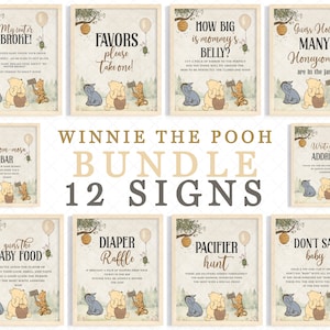 12 Editable Winnie The Pooh Signs, Winnie The Pooh Baby Shower, Winnie The Pooh Table Sign Winnie Classic pooh Get 2 bonus signs-wi11
