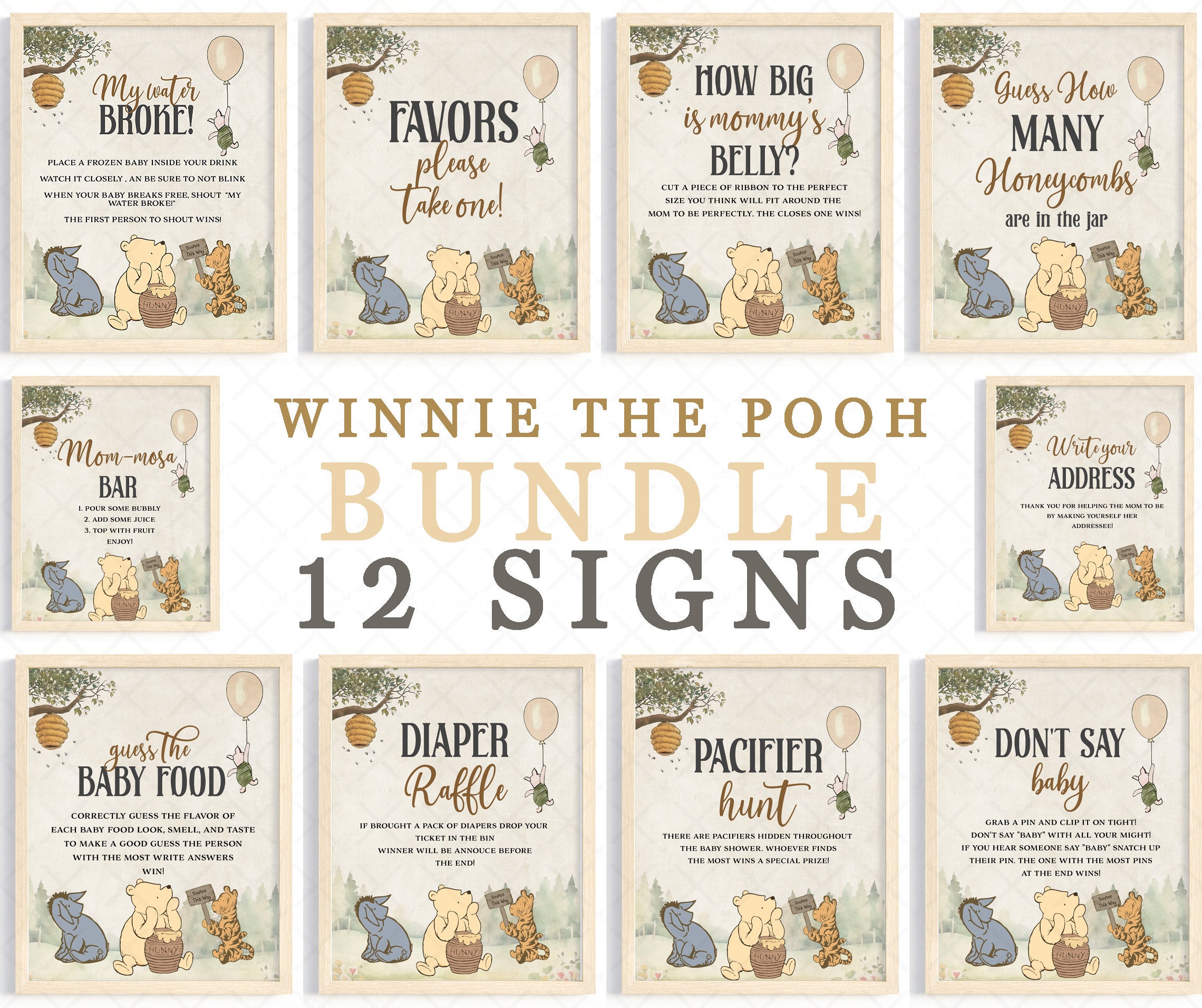 12 Editable Winnie The Pooh Signs, Winnie The Pooh Baby Shower, Winnie The Pooh Table Sign Winnie Classic pooh Get 2 bonus signs-wi11