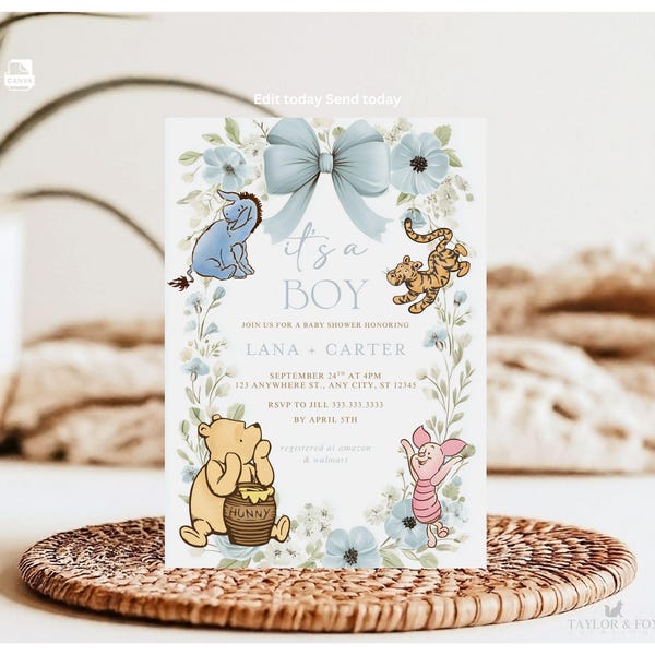 Winnie the Pooh Baby Shower Invitation for Boy (Digital Template)