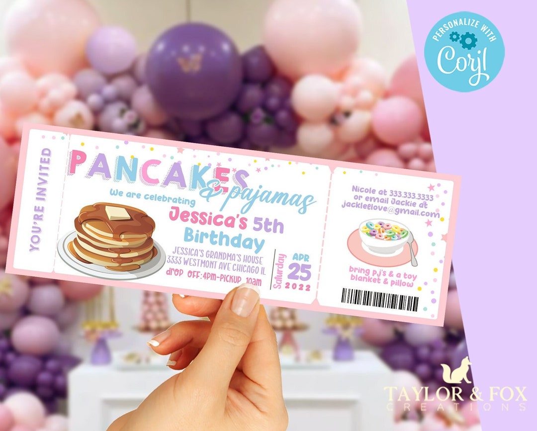 Editable Pancake Birthday Ticket, Pancakes and Pajamas Birthday, Ticket