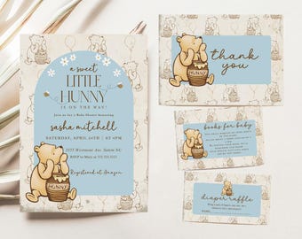 Zestaw zaproszeń na baby shower z Kubusiem Puchatkiem: edytowalny szablon Canva (pobranie cyfrowe)