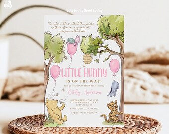 Convite para chá de bebê do Ursinho Pooh: Tema para meninas (Modelo digital)