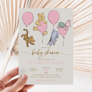 Winnie The Pooh Einladung, Winnie The Pooh Babypartyeinladungen, Winnie The Pooh Einladungen rosa neutral, Winnie Pooh Babyparty-gn8