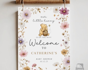 Winnie the Pooh Baby Shower Sign: Pink Floral Welcome (Digital Download, 16x20 inch)