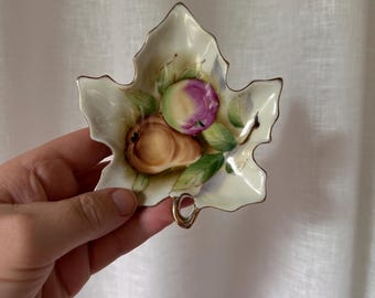Vintage Hand Painted Porcelain Leaf Dish Fruit Trinket Tray Gold Rim Japan Style Cottagecore Decor