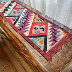 May include: A rectangular runner rug with a vibrant geometric design. The rug has a burgundy border and a central pattern of diamonds, triangles, and zigzags in red, purple, teal, orange, and cream. It is displayed on a wooden surface.