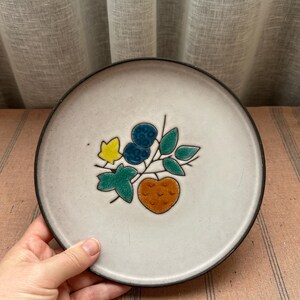 May include: A round, off-white ceramic plate with a black rim. The plate features a colourful floral design with yellow, blue, green, and orange elements. The plate is held by a hand.