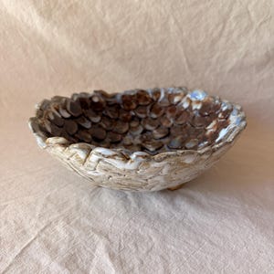May include: A round ceramic bowl with a textured, scalloped rim. The interior features a dense pattern of overlapping dark brown, circular clay scales with white glaze accents. The exterior has a rough, light beige, organic, and uneven surface.