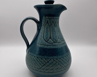 Signed Anthill Pottery Oil Cruet Lidded Ceramic Pitcher Teal Glaze Vintage Mid Century