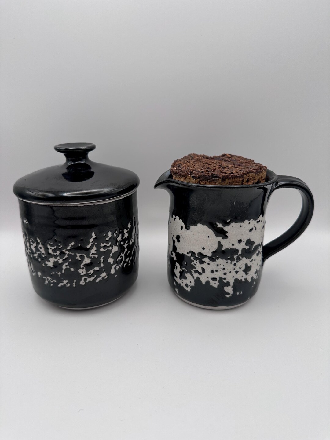 Vintage Pottery Creamer and Sugar Bowl Black White Drip Glaze Set ...