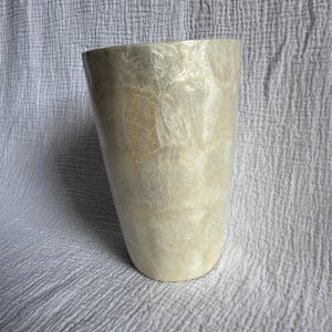 May include: A tall, off-white vase with a textured, pearlescent finish. The vase has a slightly tapered shape, wider at the top and narrower at the base. The surface has a subtle, organic pattern.