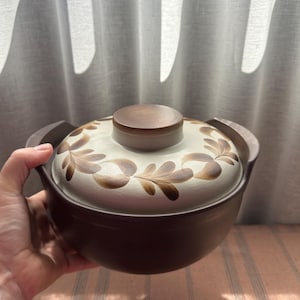 May include: A brown ceramic casserole dish with a lid. The lid is off-white with a brown leaf pattern. The dish has two handles and a wooden knob on the lid. The dish is held in a person's hand.