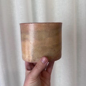 May include: A cylindrical ceramic pot with a gradient of colours from light tan to a reddish-brown. The pot is held by a hand, showcasing its smooth, glazed surface. The pot's design is simple and modern, suitable for various uses.