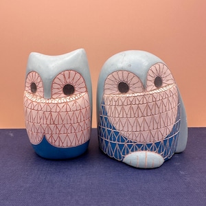 Vintage Uruguayan Hand Carved Owl Pair | Mid Century Folk Art Ceramic Sculptures | Signed Amedo