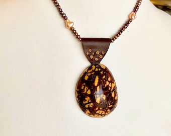 Pearl Necklace Baroque Pink andBrown pearls Embroidered pendant sustainable Bohemian Jewelry Great gift for Her Pearl statement Neckpiece