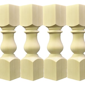 Peut inclure: Quatre pieds de table en bois non finis avec un design tourné et cannelé. Les pieds sont carrés en haut et en bas et ont une partie centrale arrondie et bulbeuse.