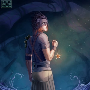 May include: A young man with long dark hair stands in a dark, watery environment. He is wearing a dark shirt and a long, flowing skirt. He is holding a small, golden star-shaped pendant in his hand. The water is swirling around him, and there are small, glowing lights in the background.