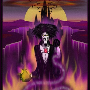 Pode incluir: Ilustração de um personagem de "Dream of the Endless" com uma capa escura, segurando uma bolsa brilhante. O fundo apresenta um castelo, morcegos e um efeito de fogo roxo e amarelo. O texto "DREAM OF THE ENDLESS" está na parte inferior.