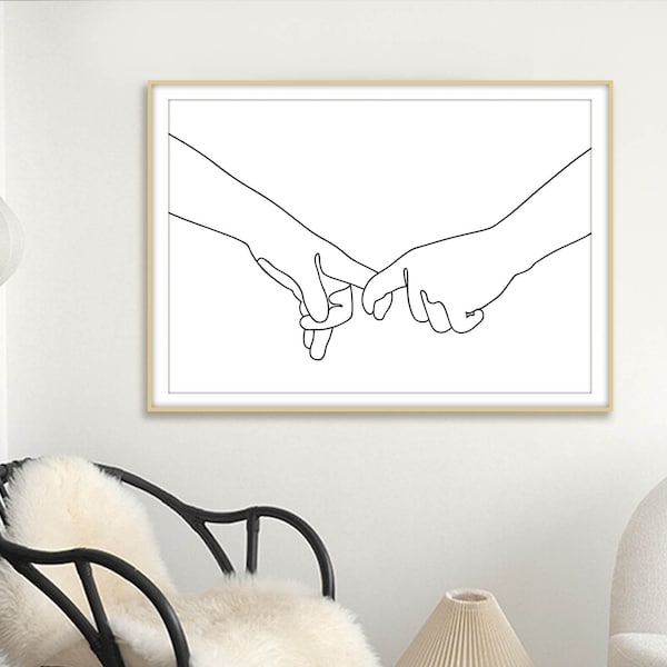 Pinky Swear Lovers Hands-One Line Drawing Hands-Pinky Promise Printable - Minimalist Couple Art