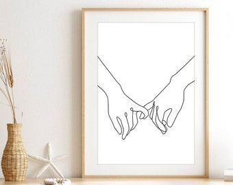 Pinky Promise Printable Hands- Pinky Swear Drawing-Lover&#39;s Hands-One Line Drawing Hands- Minimalist Couple Art