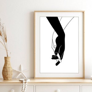 Black and White Holding Hands,One Line Drawing Hands,Lover&#39;s Hands, Hand Poster, Original Minimalist Couple Art