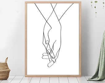 Romantic Lovers Hands,Gift For Her, One Line Holding Hands, Black White Hands Artwork, Printable Minimalist Couple Art, Minimal Fine Decor.