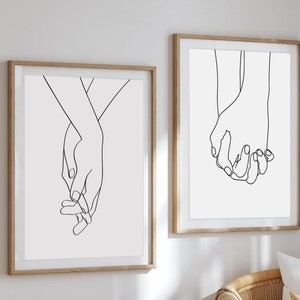 Conjunto de 2, esboços de mãos dadas, mãos desenhadas com uma linha, mãos de amantes para impressão na Artmanshop, arte original minimalista para casais
