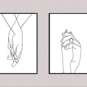 Tomados de la mano Dibujo Conjunto de 2, Manos de pareja, Manos de dibujo de una línea, Manos reunidas, Arte de pareja minimalista original,