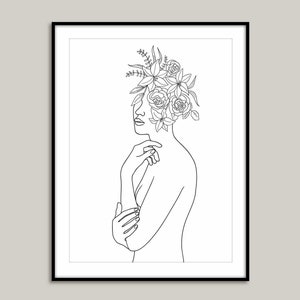 Impression d&#39;art au trait Femme avec des fleurs : décoration d&#39;intérieur féminine (téléchargement numérique)