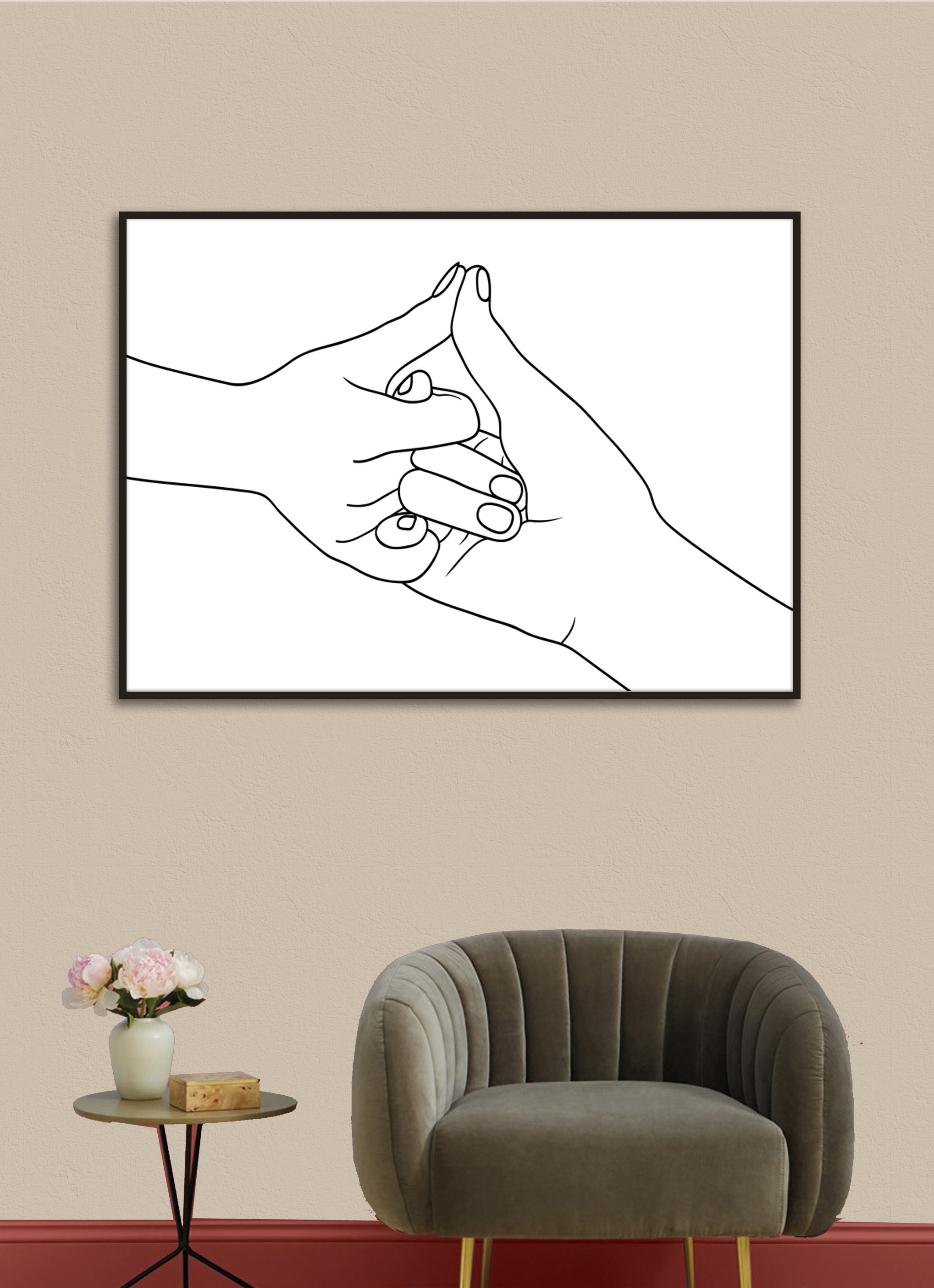 Romantic couple pinky promise line art, pinky swear contour drawings,  minimalist lovers holding hands one line drawing, Doodle flower on  watercolor