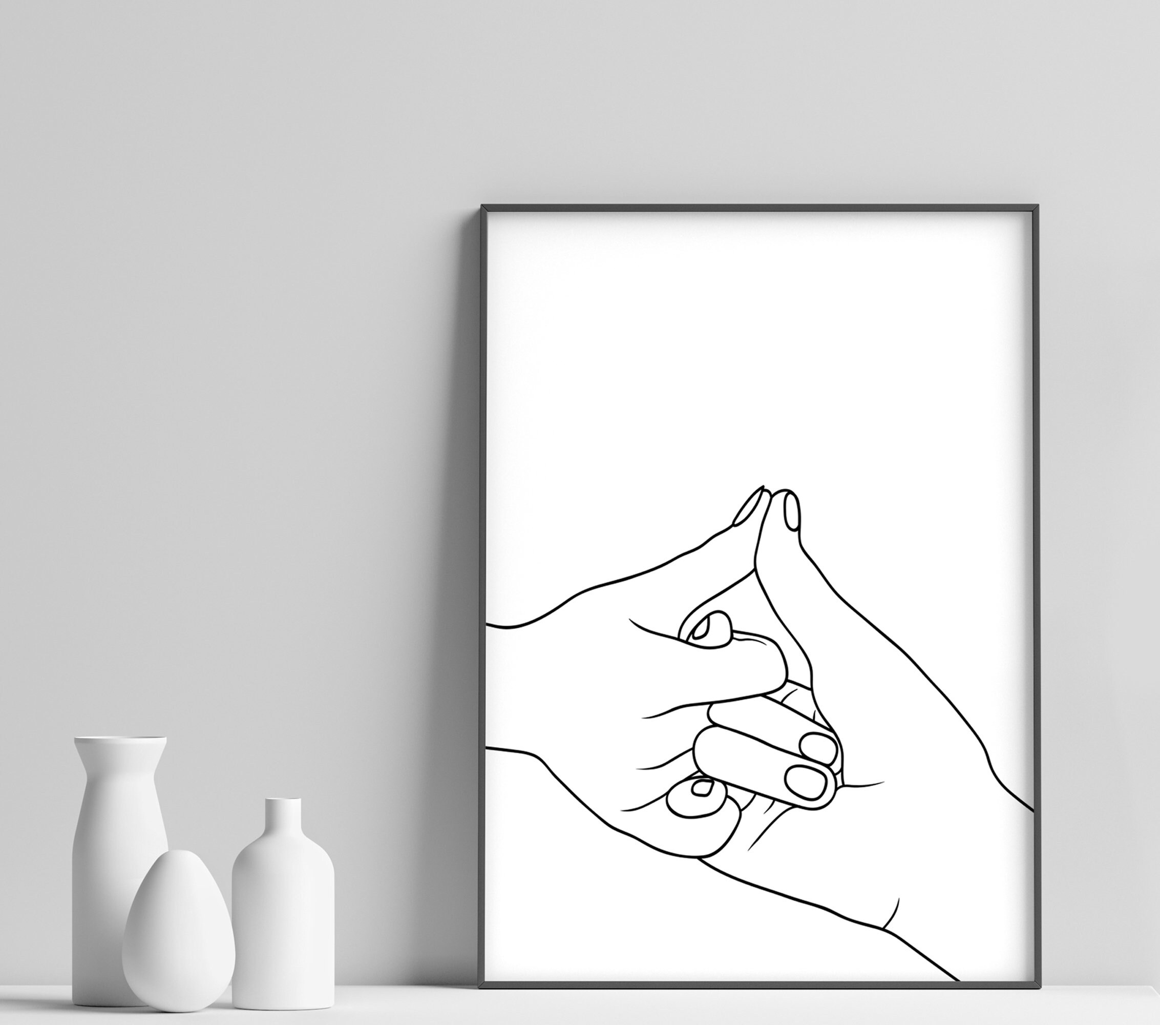 Romantic couple pinky promise line art, pinky swear contour drawings,  minimalist lovers holding hands one line drawing, Doodle flower on  watercolor texture set, Artwork No 6/9 Art Print by Creative Modern Art