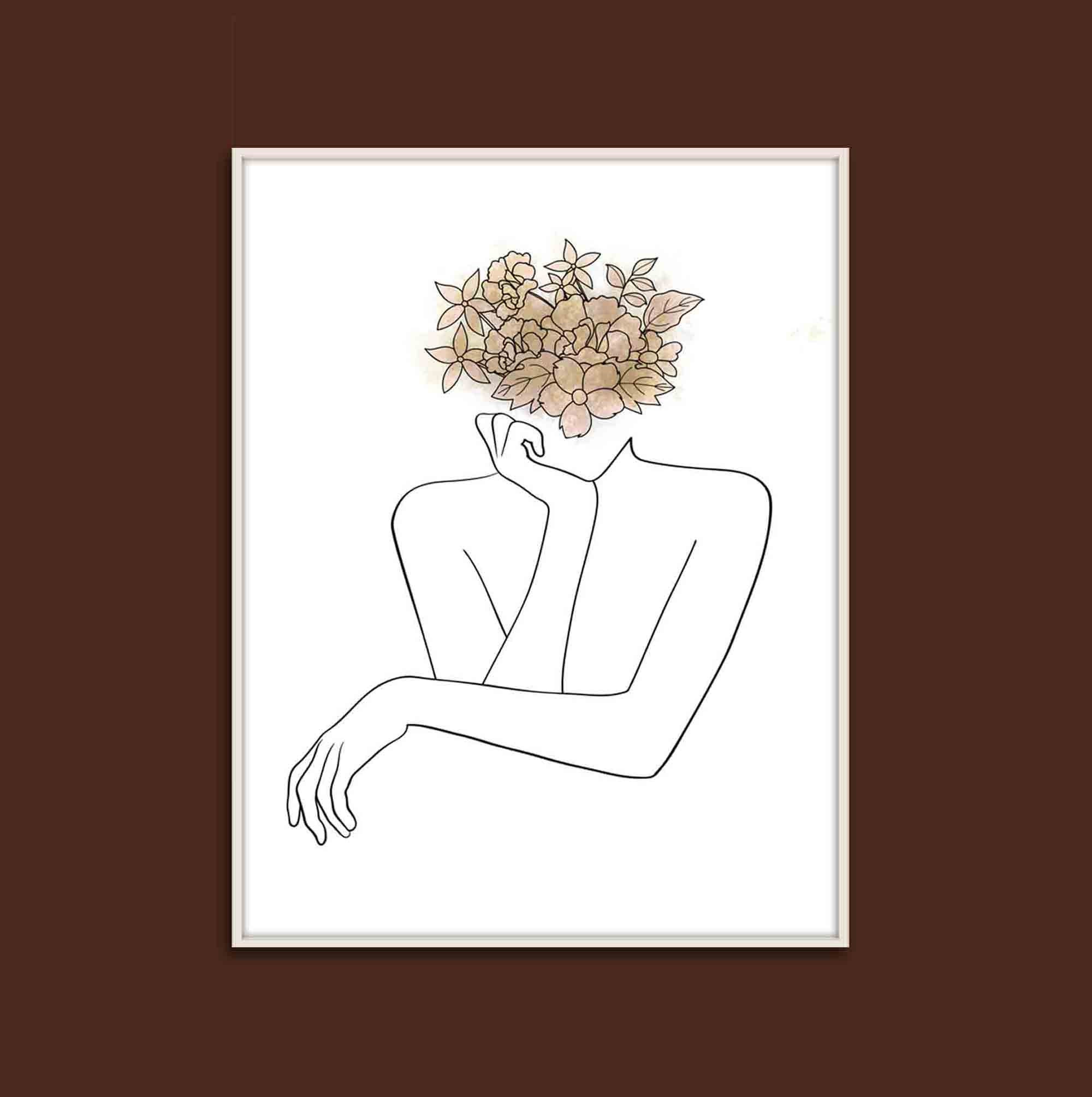 Head Of Flowers Art Woman Outline Drawing Woman With Etsy Head Of Flowers Art Woman Outline Drawing Woman With Etsy