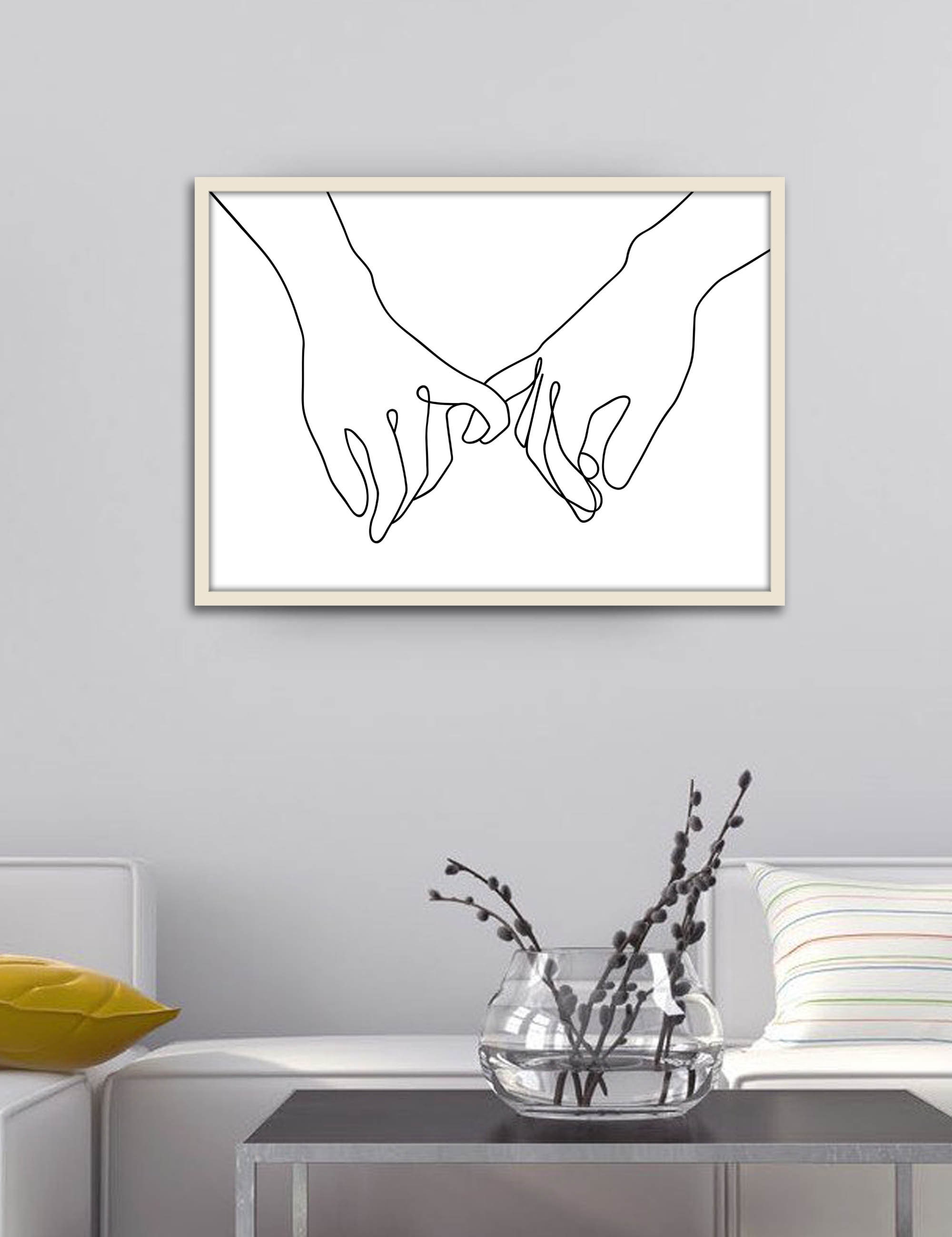 Romantic couple pinky promise line art, pinky swear contour drawings,  minimalist lovers holding hands one line drawing, Doodle flower on  watercolor texture set, Artwork No 6/9 Art Print by Creative Modern Art