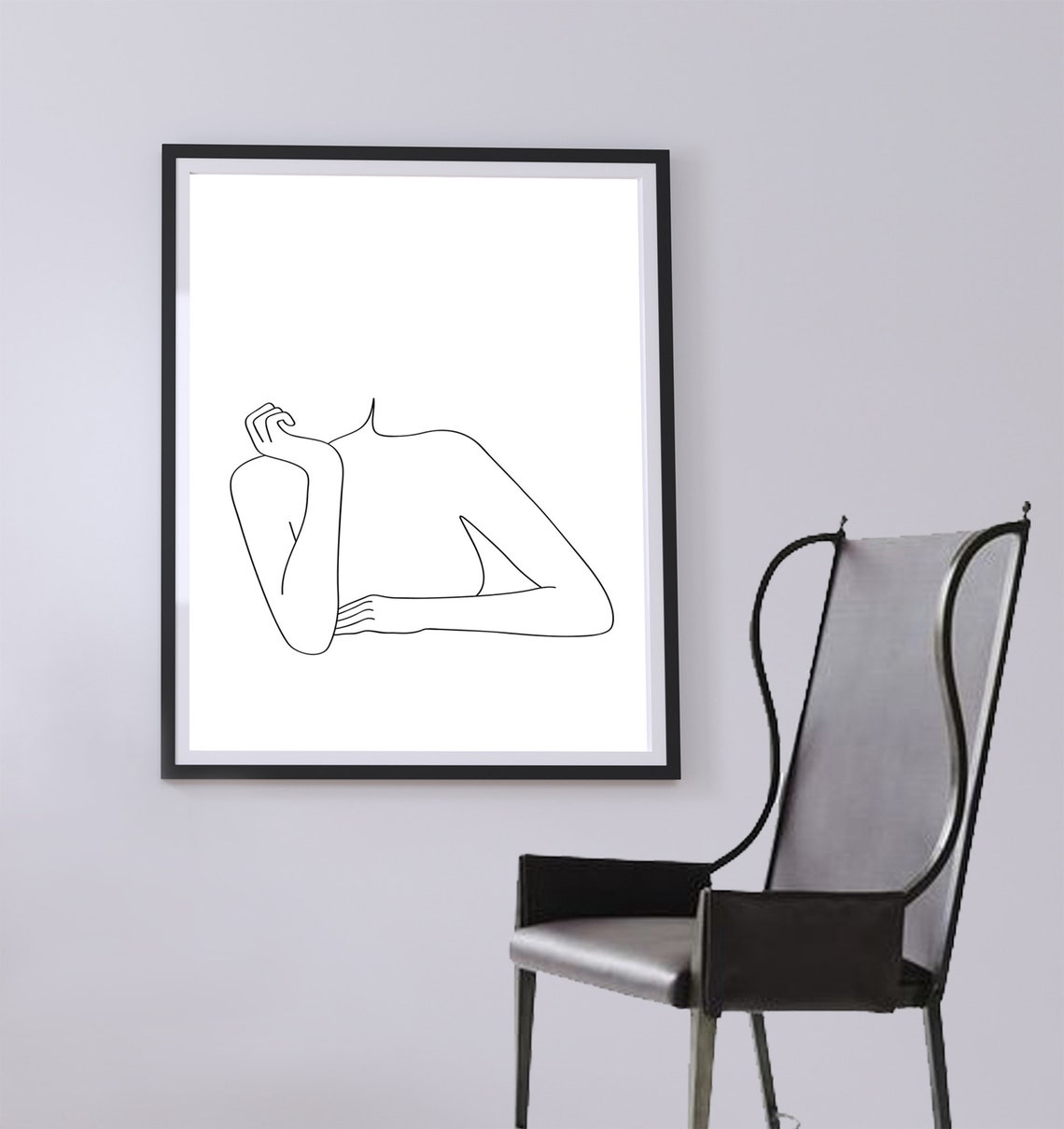 Female Body Line Art, Woman Outline Drawing, Hands and Face, Feminine