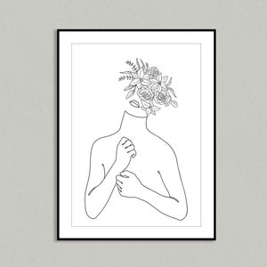 Impression d&#39;art au trait Femme avec des fleurs : décoration d&#39;intérieur scandinave (téléchargement numérique)