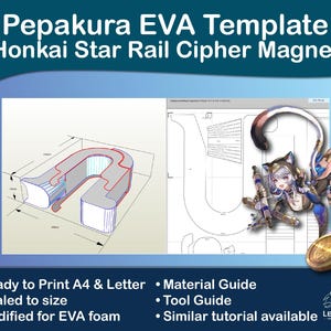 May include: An image featuring a Pepakura EVA template for a Honkai Star Rail Cipher Magnet. The image includes a 3D model and a blueprint. Text on the image includes "Ready to Print A4 & Letter", "Scaled to size", and "Modified for EVA foam".