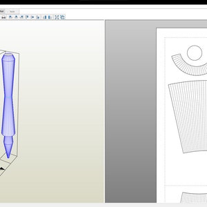 May include: A 3D model of a wooden pen handle, 200mm in length, with a detailed design. The model is shown in a blue wireframe style. The image also shows a 2D pattern for cutting out the handle from wood.