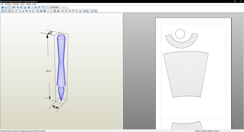 May include: A 3D model of a wooden pen handle, 200mm in length, with a detailed design. The model is shown in a blue wireframe style. The image also shows a 2D pattern for cutting out the handle from wood.