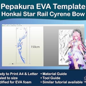 Puede incluir: Plantilla digital para un arco Cyrene de Honkai Star Rail, diseñada para espuma EVA. El plano mide 150 cm de altura e incluye una guía de materiales y herramientas. La plantilla está lista para imprimir en papel A4 y Carta.