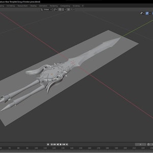 May include: A 3D model of a gray, detailed sword with a long, sharp blade and a complex hilt. The sword is rendered in a 3D modeling program.