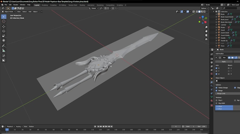 May include: A 3D model of a gray, detailed sword with a long, sharp blade and a complex hilt. The sword is rendered in a 3D modeling program.