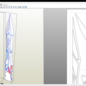 May include: A 3D model of a sword with a blue and white design. The sword is 112 cm long and is shown in a 3D modeling program. The sword is also shown in a 2D blueprint.
